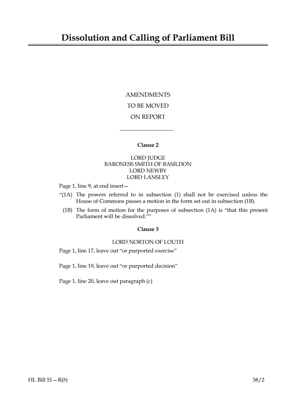 Dissolution and Calling of Parliament Bill Amendments to be moved on Report