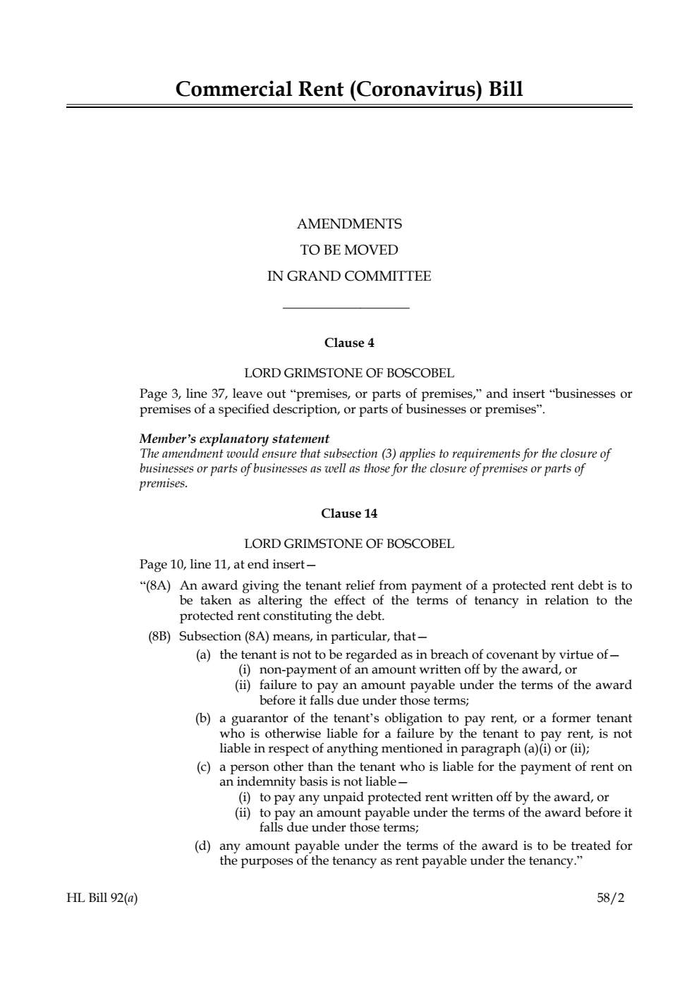Commercial Rent (Coronavirus) Bill Amendments to be moved in Grand Committee
