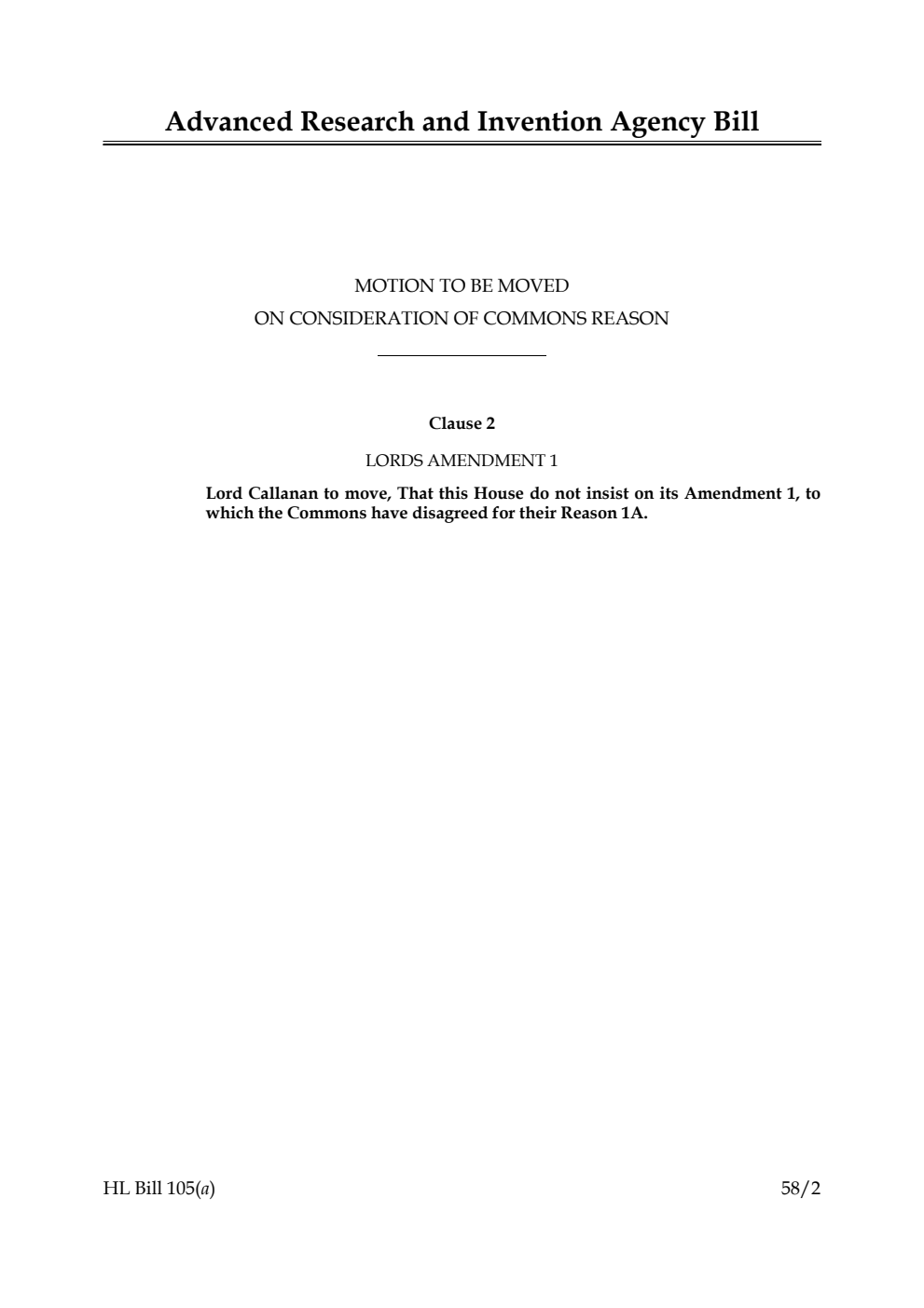 Advanced Research and Invention Agency Bill Motion to be moved on consideration of Commons reason