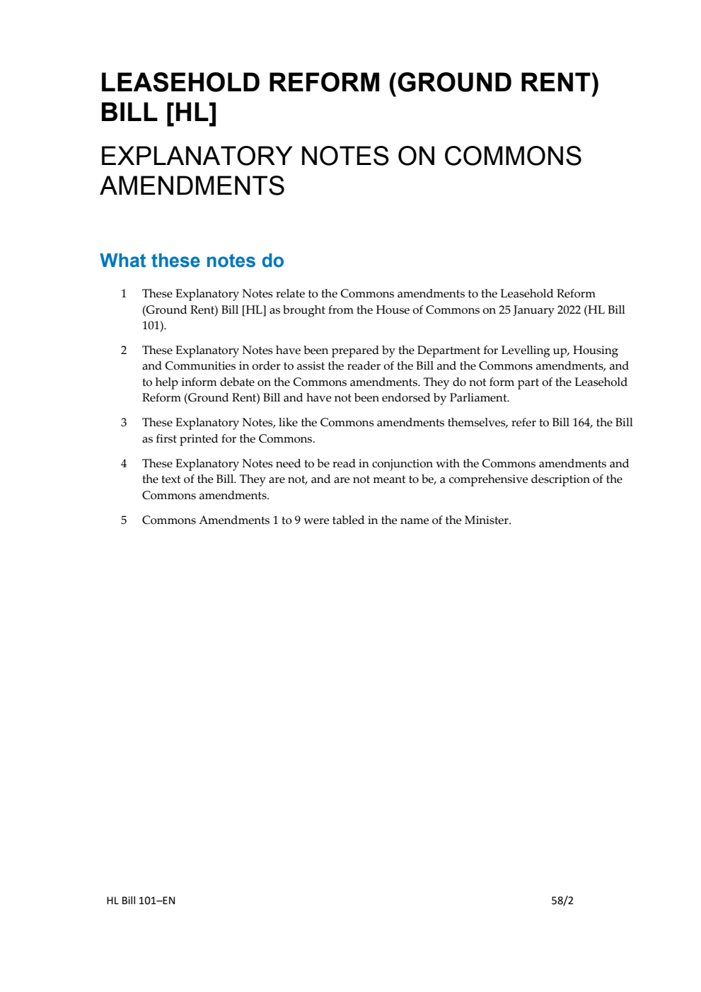 Leasehold Reform (Ground Rent) Bill Explanatory Notes on Commons Amendments
