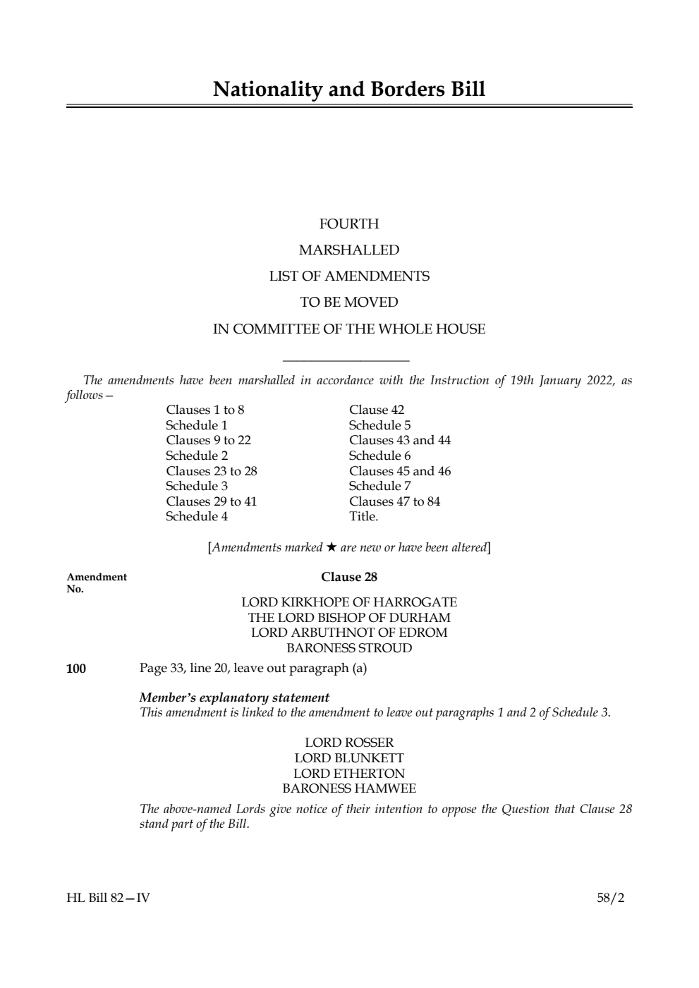 Nationality and Borders Bill Fourth Marshalled List of Amendments to be moved in Committee of the Whole House
