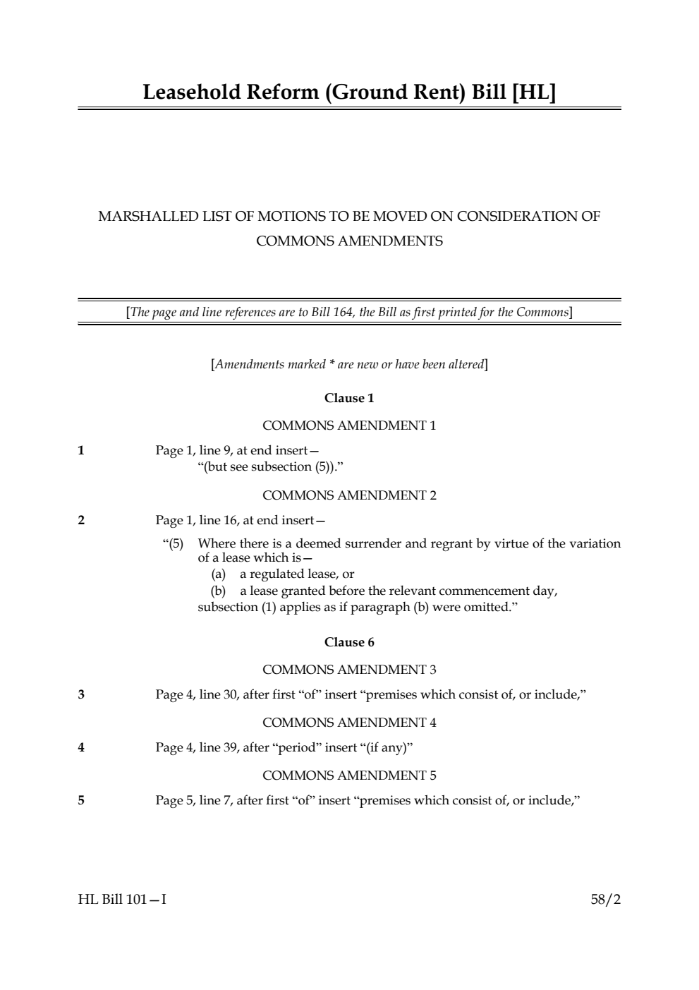 Leasehold Reform (Ground Rent) Bill Marshalled List of motions to be moved on consideration of Commons amendments