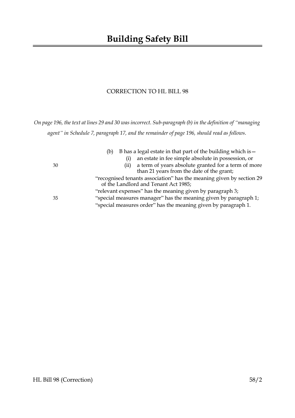 Building Safety Bill. Correction Slip, February 2022