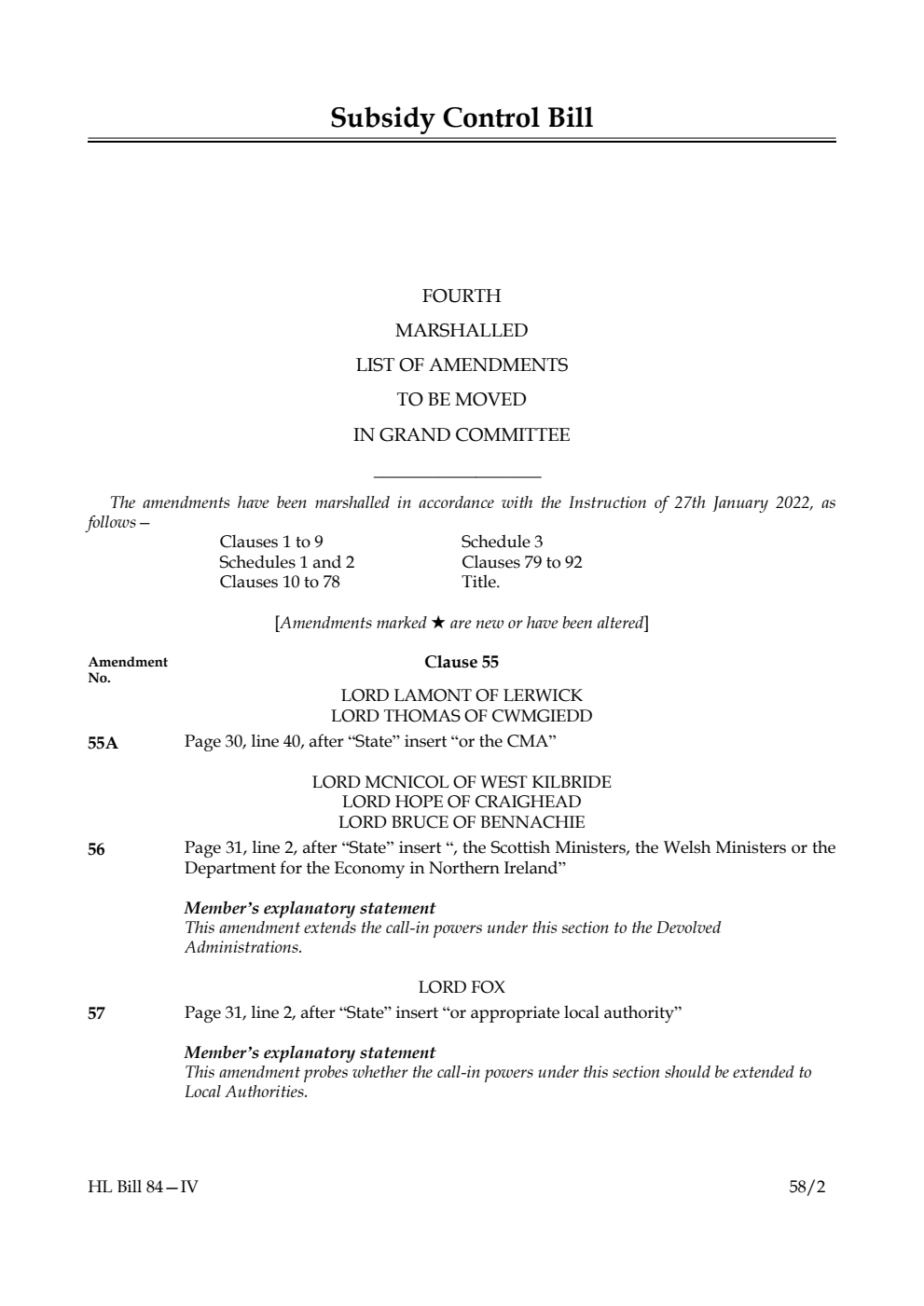 Subsidy Control Bill Fourth Marshalled List of Amendments to be moved in Grand Committee