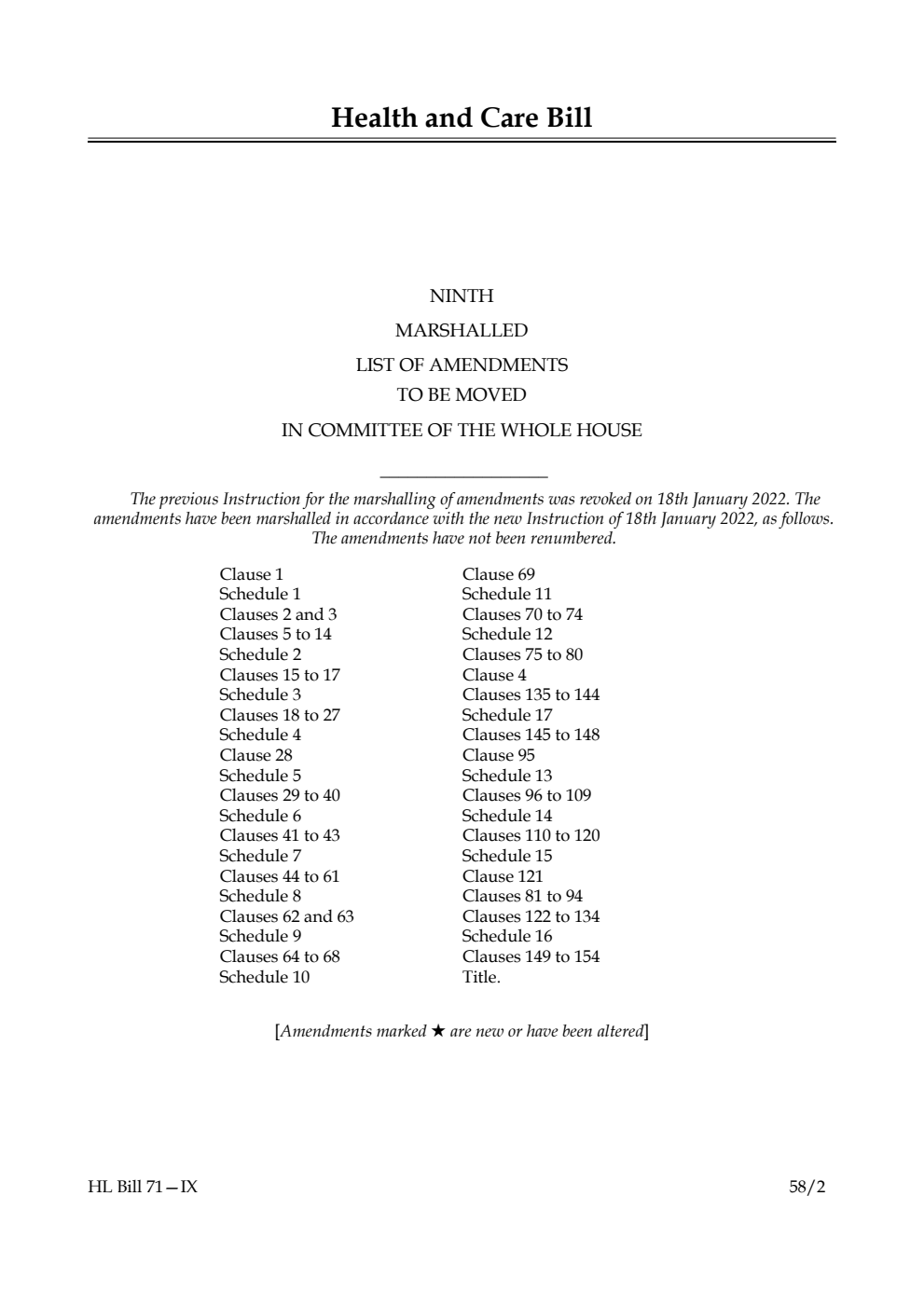 Health and Care Bill Ninth Marshalled List of Amendments to be moved in Committee of the Whole House