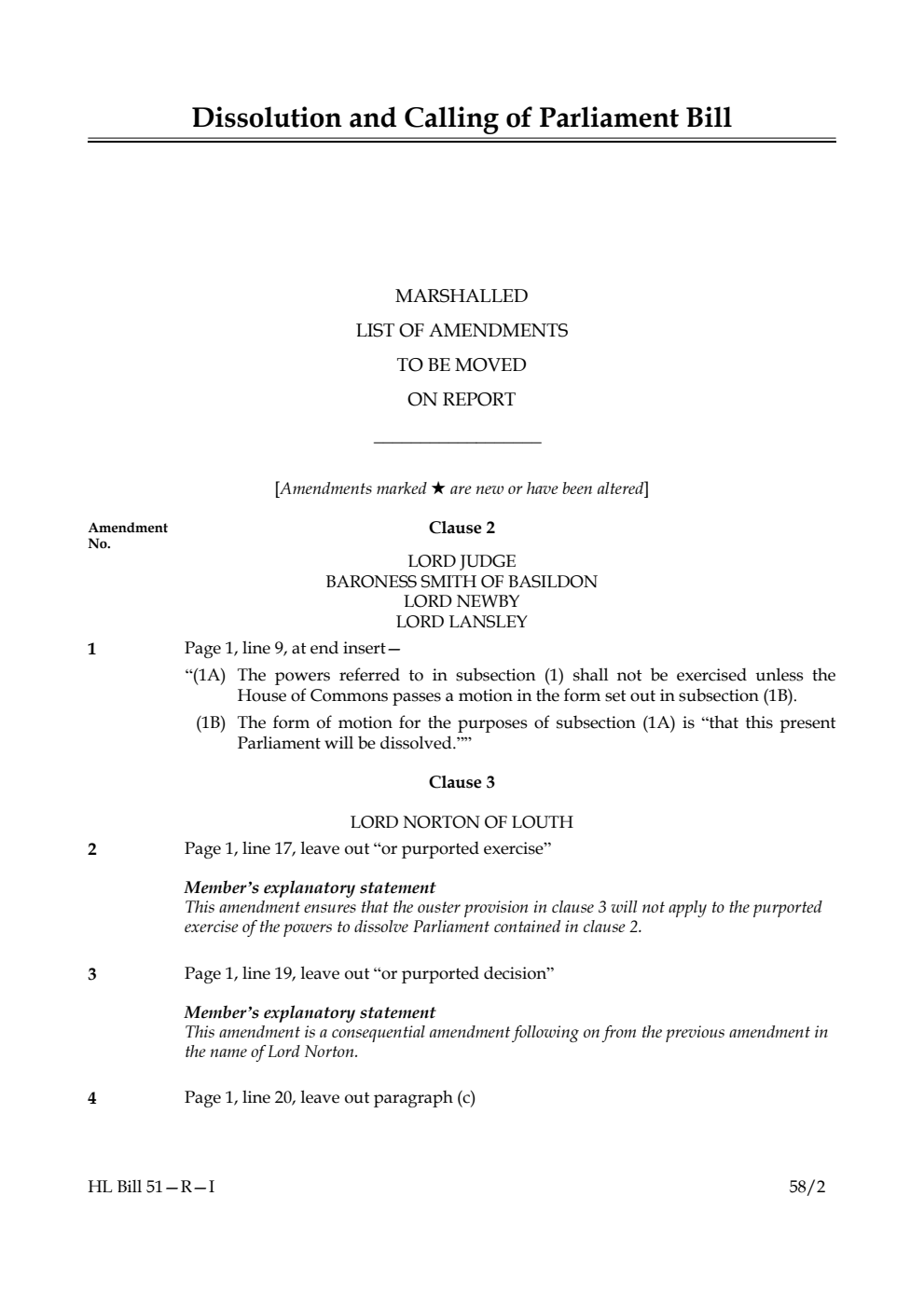 Dissolution and Calling of Parliament Bill Marshalled List of Amendments to be moved on report