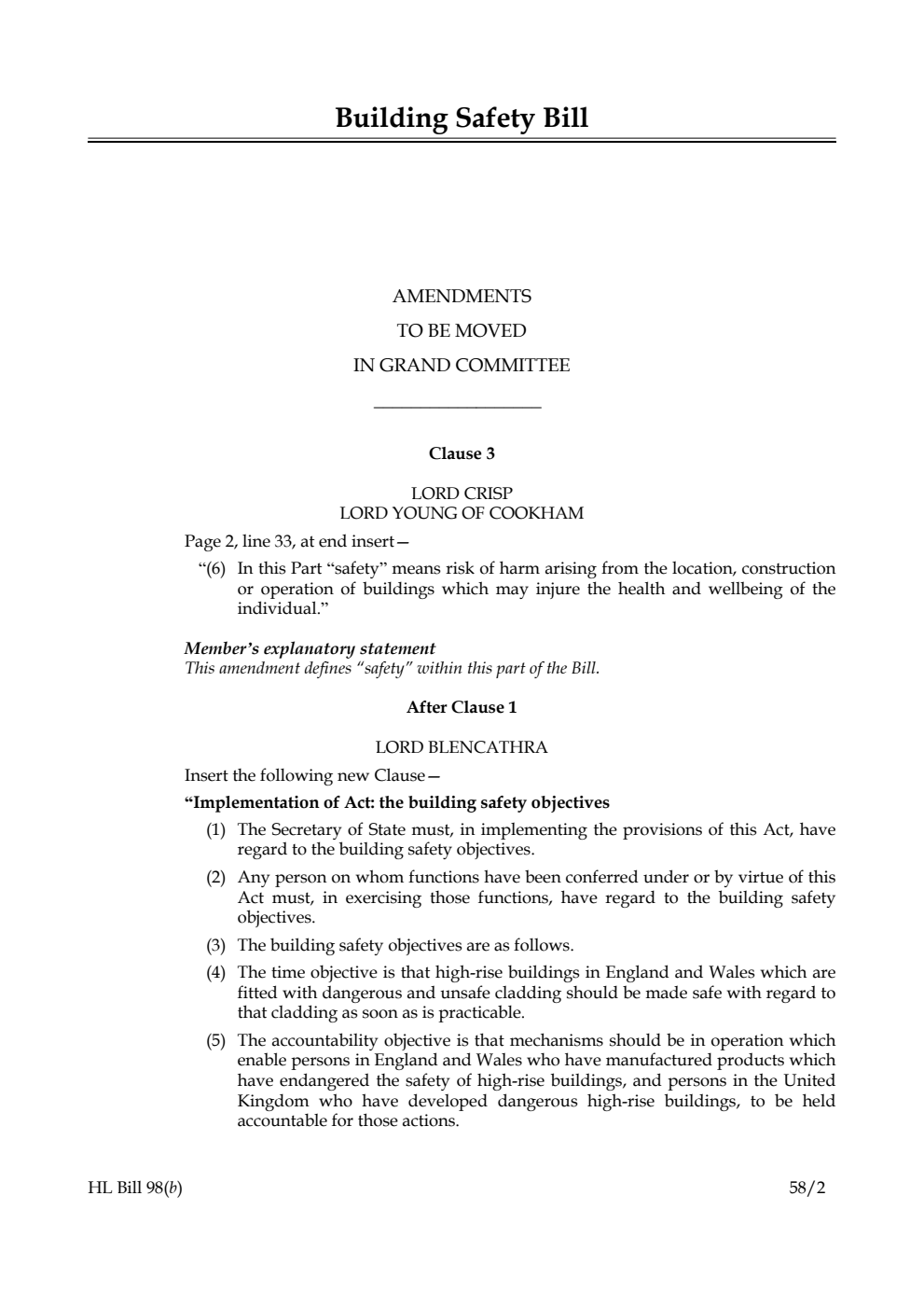 Building Safety Bill Amendments to be moved in Grand Committee