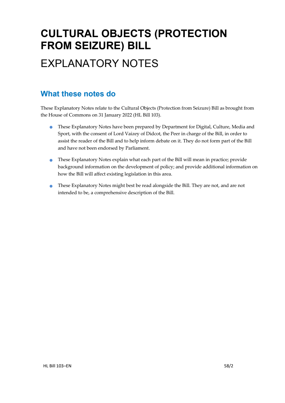 Cultural Objects (Protection from Seizure) Bill Explanatory Notes