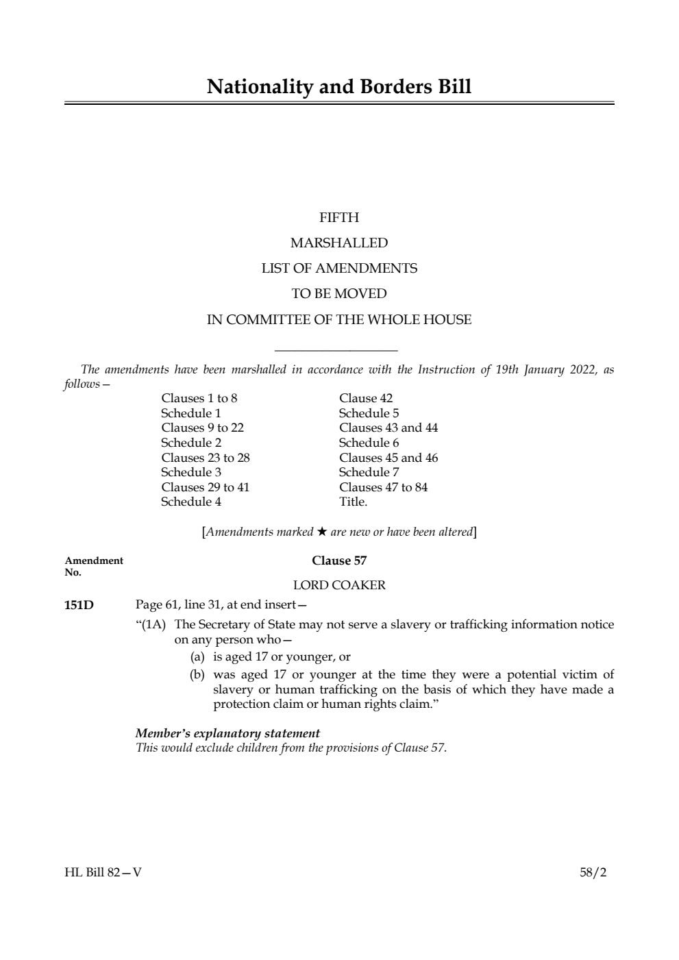 Nationality and Borders Bill Fifth Marshalled List of Amendments to be moved in Committee of the Whole House