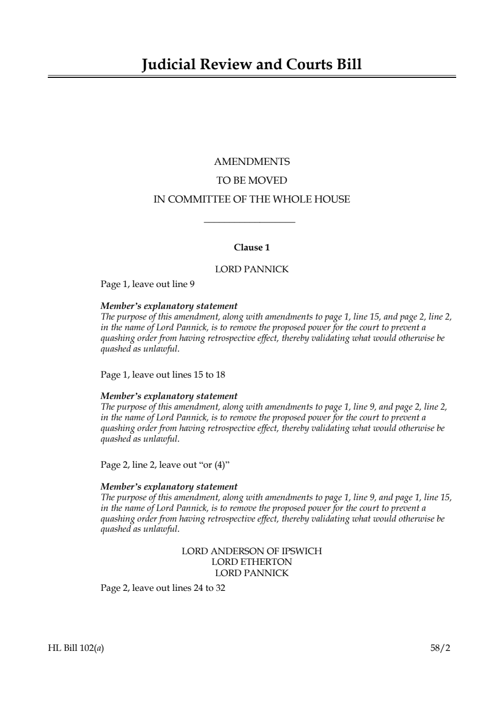Judicial Review and Courts Bill Amendments to be moved in Committee of the Whole House