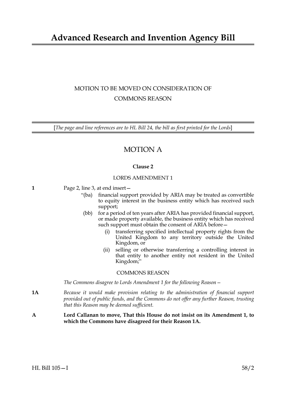 Advanced Research and Invention Agency Bill Motion to be moved on consideration of Commons reason