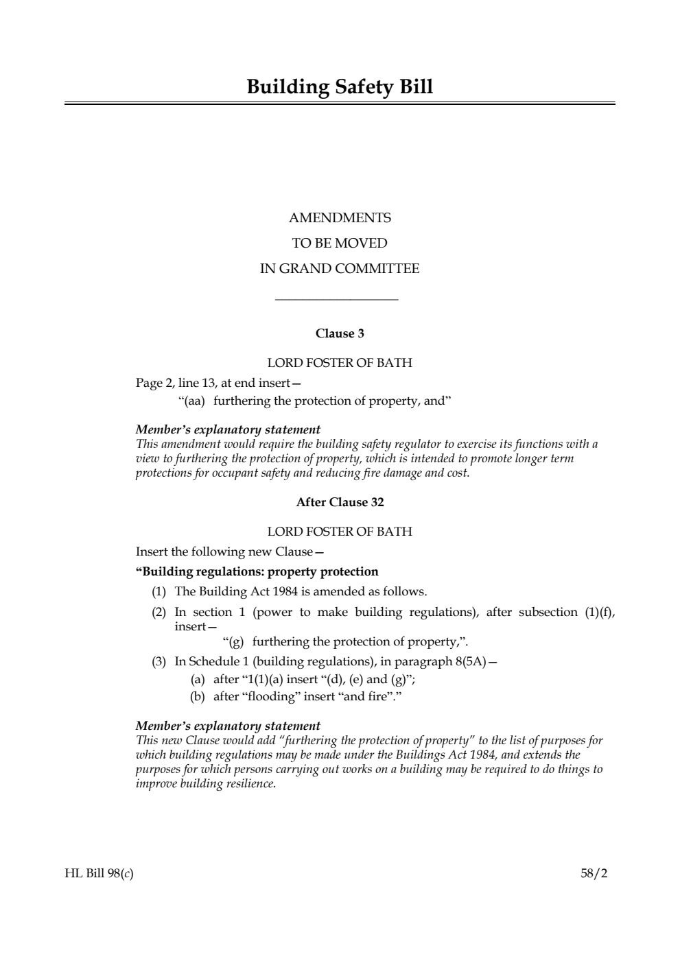 Building Safety Bill Amendments to be moved in Grand Committee