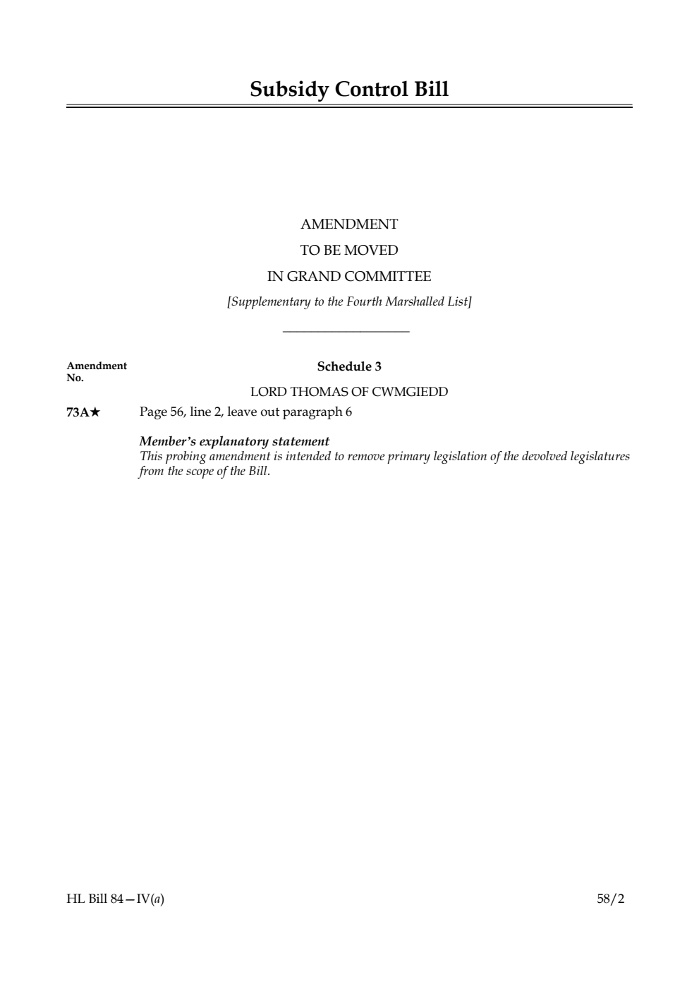 Subsidy Control Bill Amendment to be moved in Grand Committee [Supplementary to the Fourth Marshalled List]