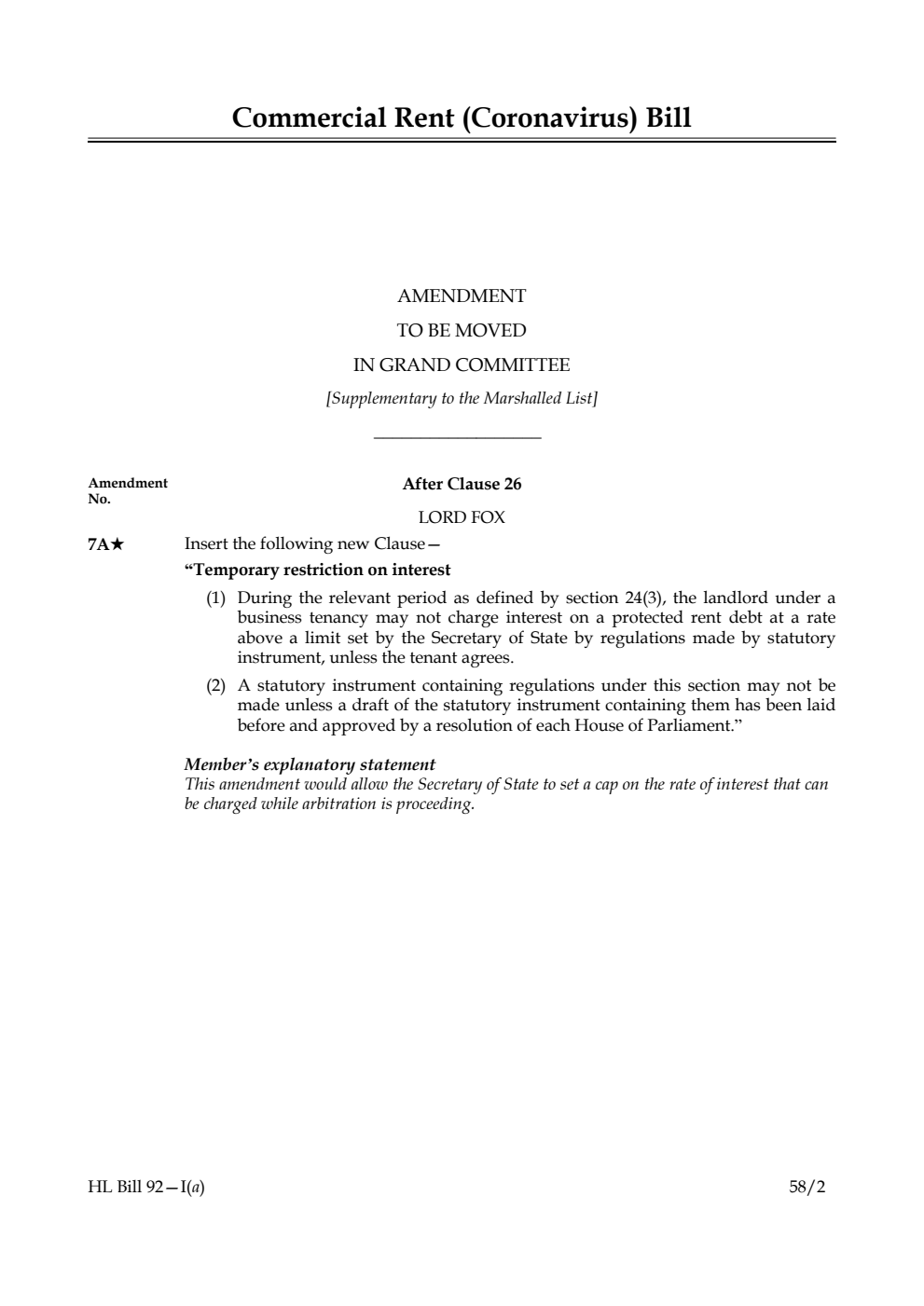 Commercial Rent (Coronavirus) Bill Amendment to be moved in Grand Committee [Supplementary to the Marshalled List]