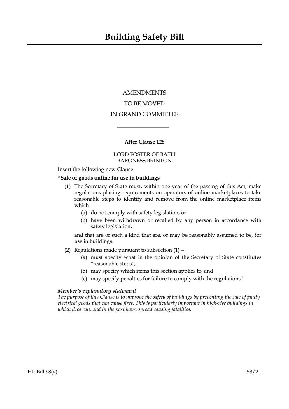 Building Safety Bill Amendments to be moved in Grand Committee