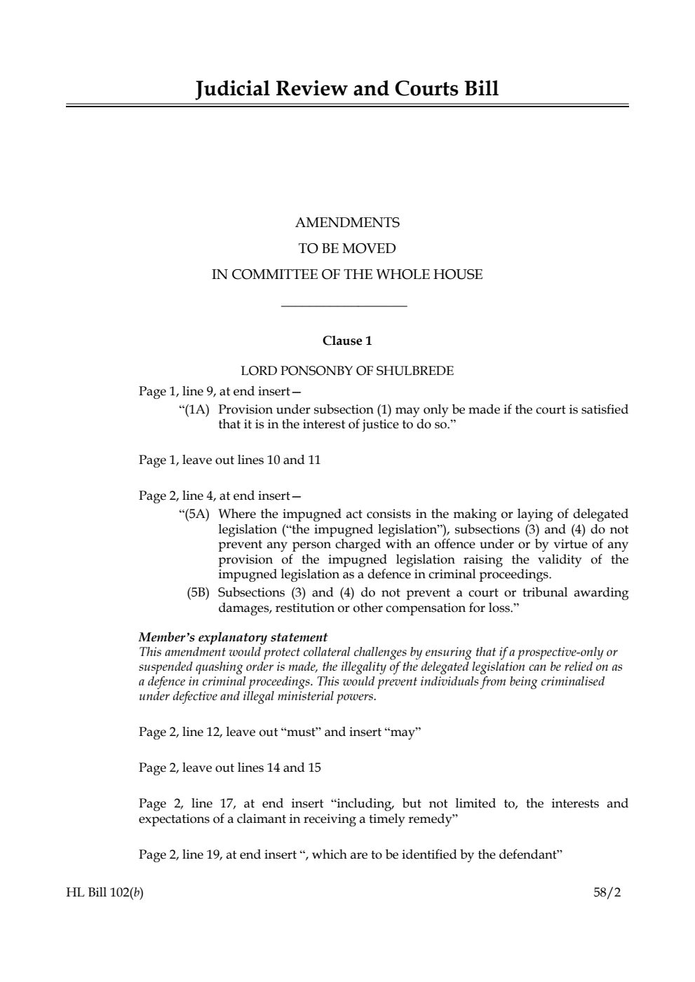 Judicial Review and Courts Bill Amendments to be moved in Committee of the Whole House