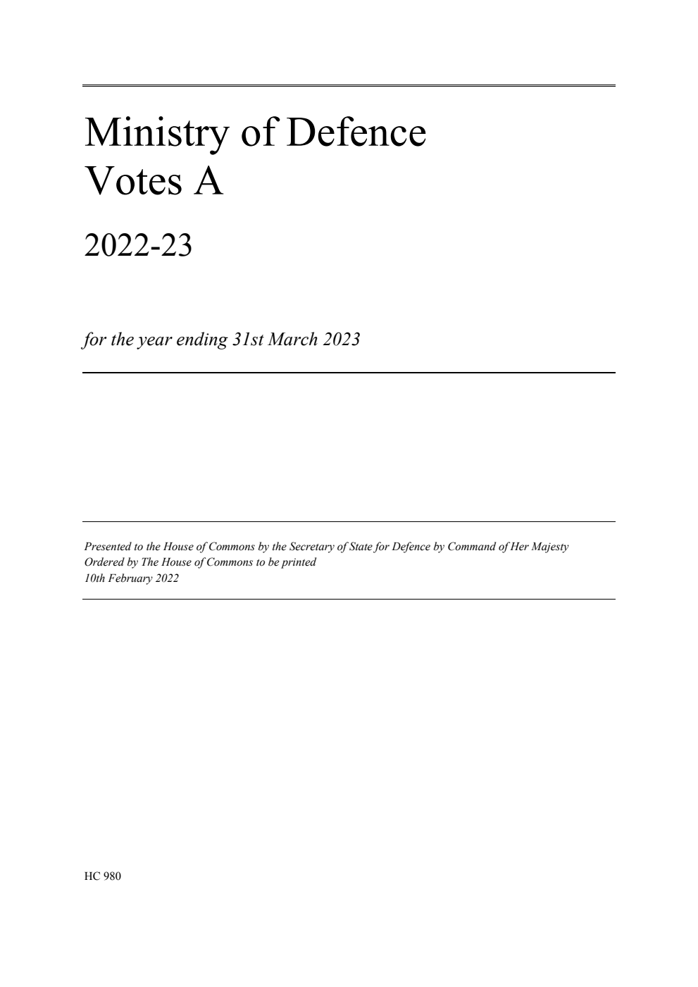 Ministry of Defence Votes A 2022-23 for the year ending 31st March 2023
