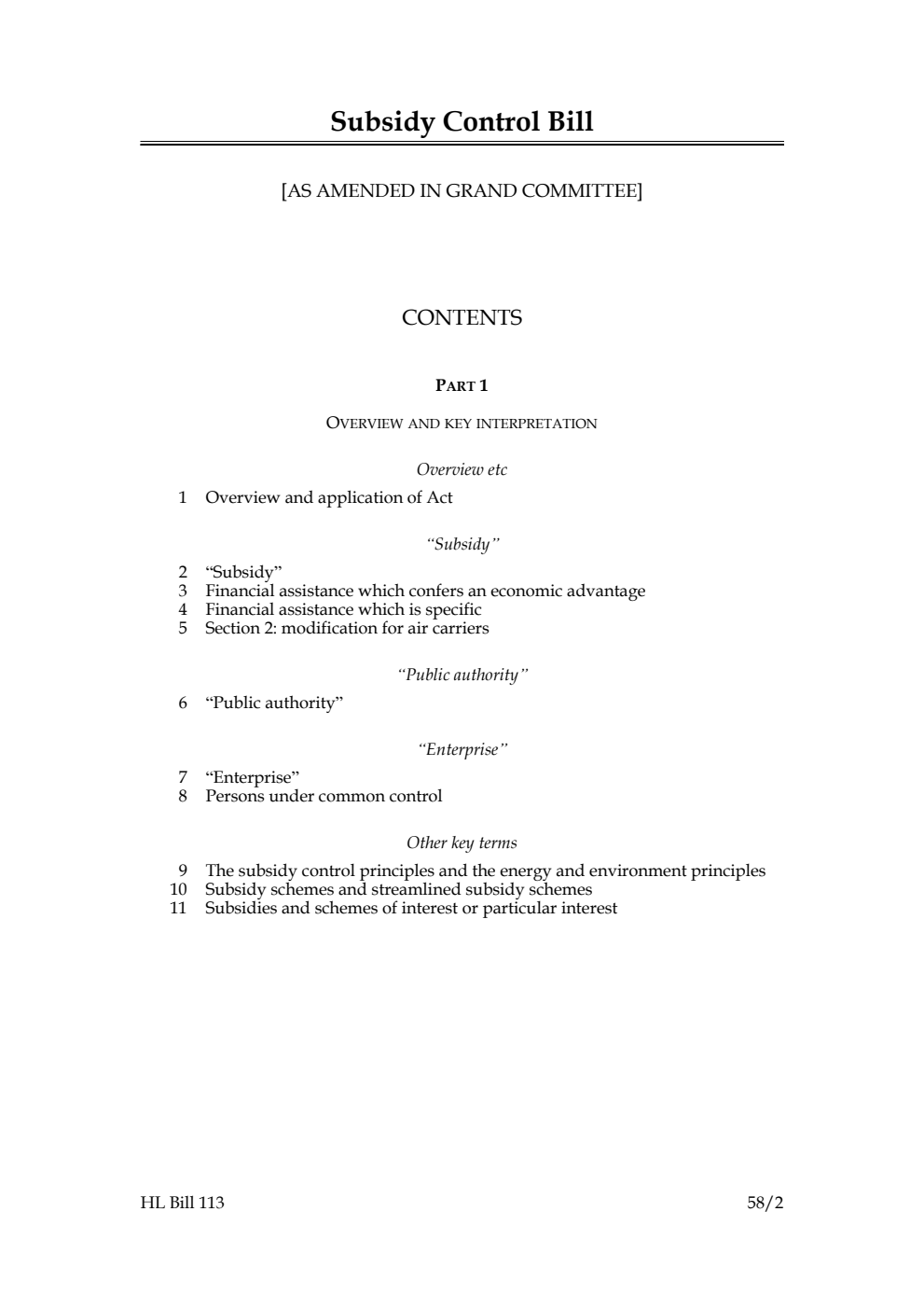 Subsidy Control Bill [as amended in Grand Committee]