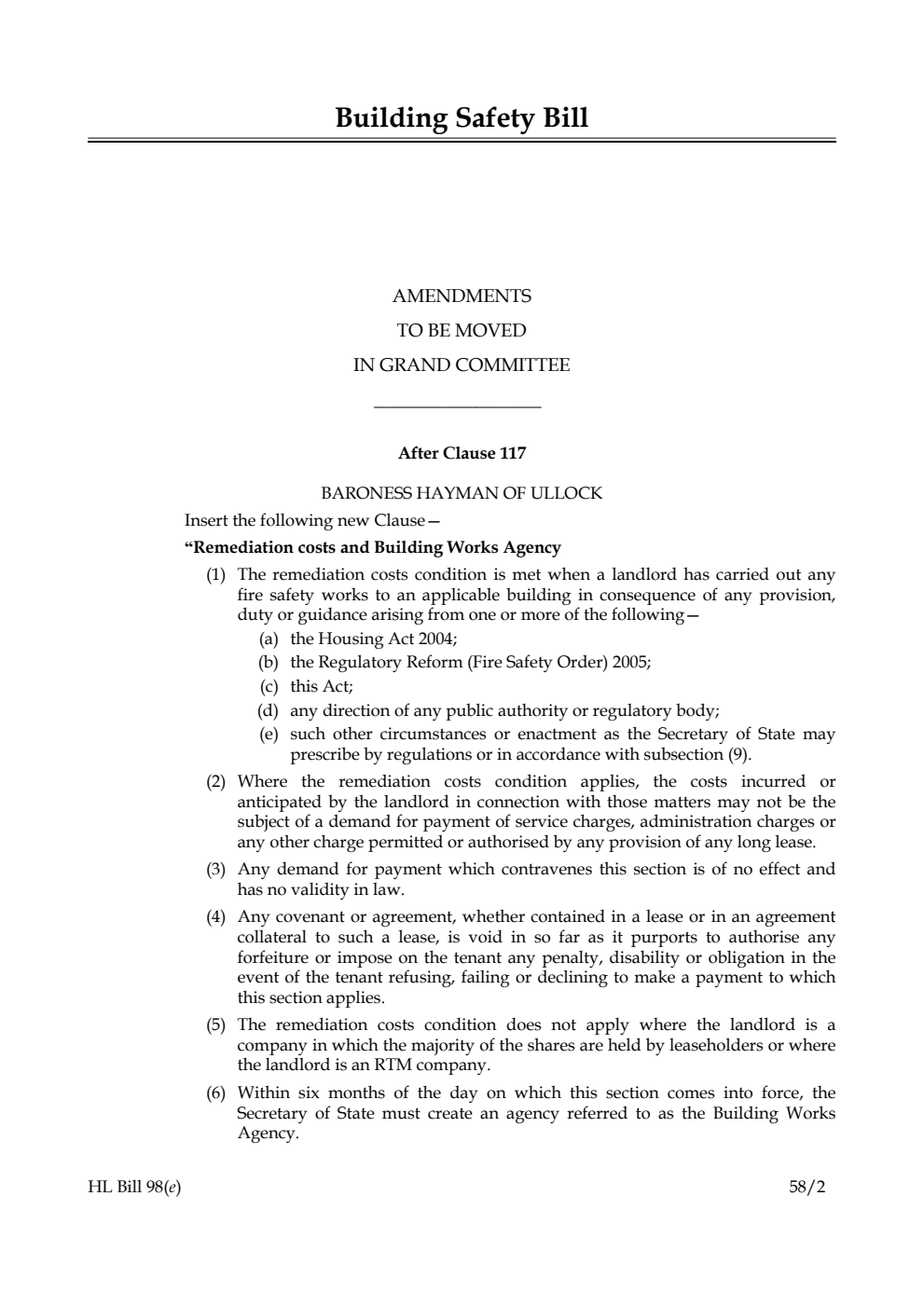 Building Safety Bill Amendments to be moved in Grand Committee