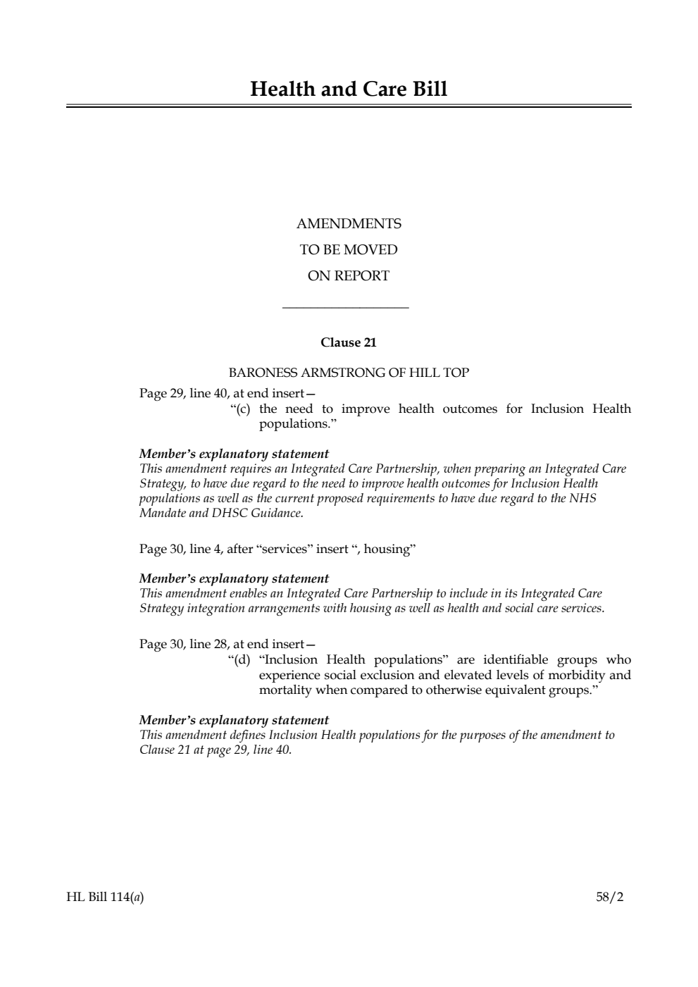 Health and Care Bill Amendments to be moved on Report