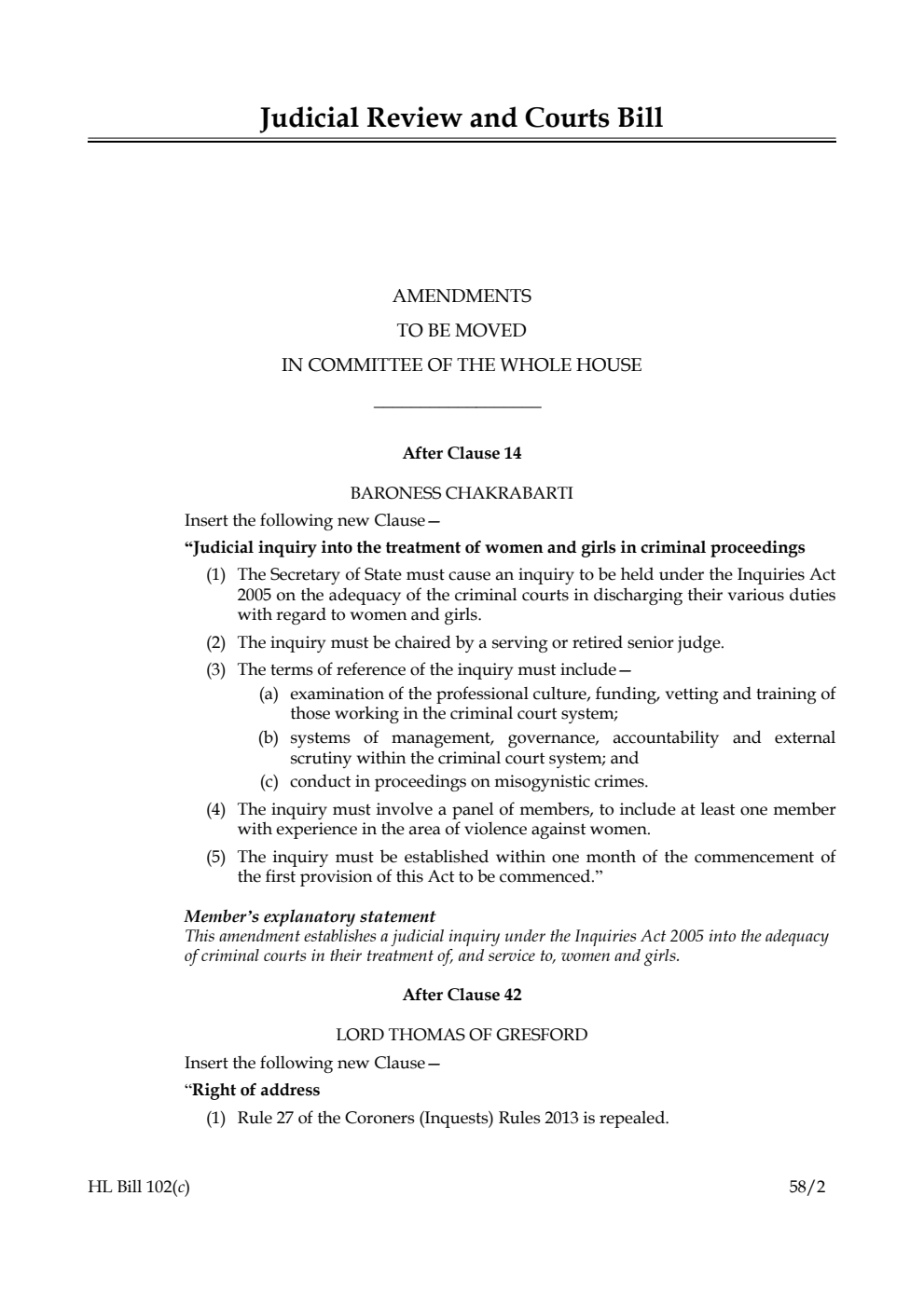 Judicial Review and Courts Bill Amendments to be moved in Committee of the Whole House