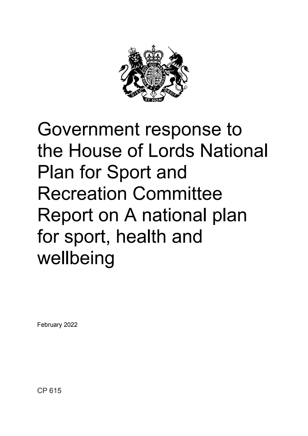 Government response to the House of Lords National Plan for Sport and Recreation Committee Report on A national plan for sport, health and wellbeing