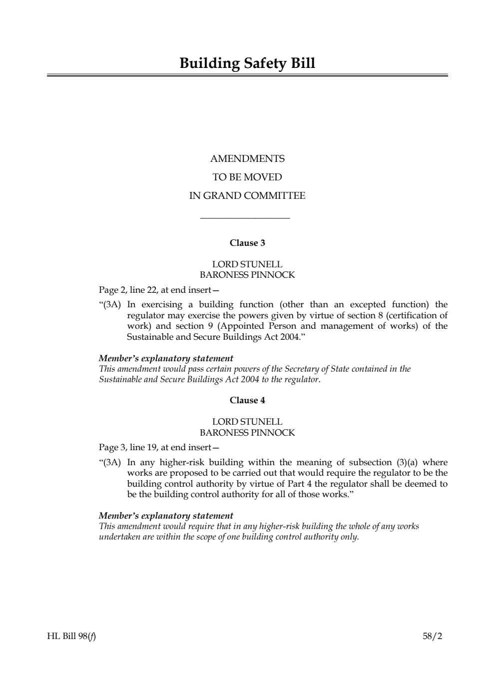 Building Safety Bill Amendments to be moved in Grand Committee