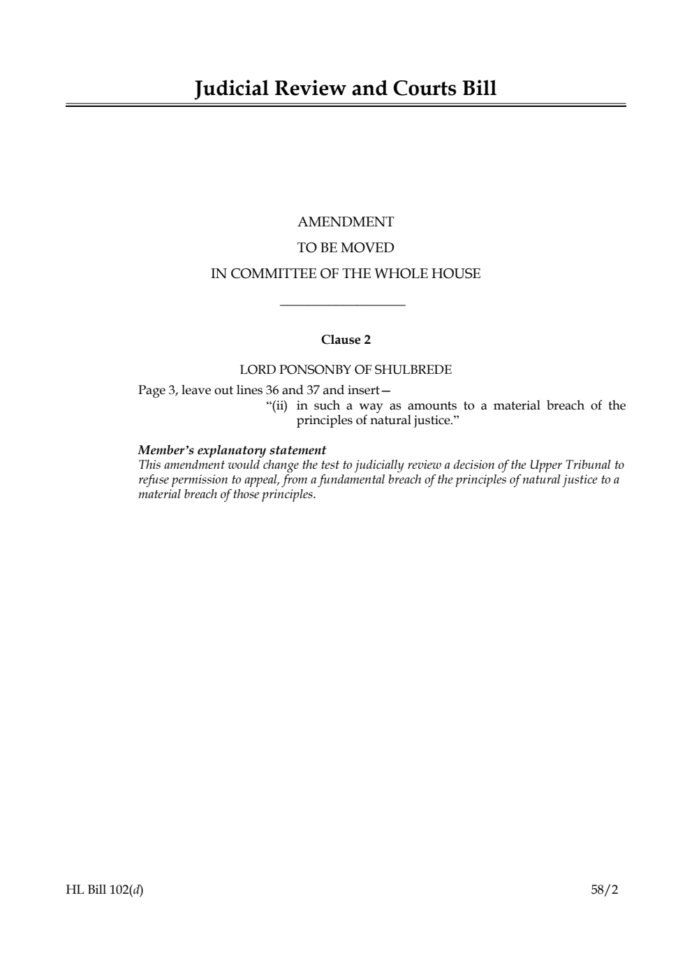 Judicial Review and Courts Bill Amendment to be moved in Committee of the Whole House