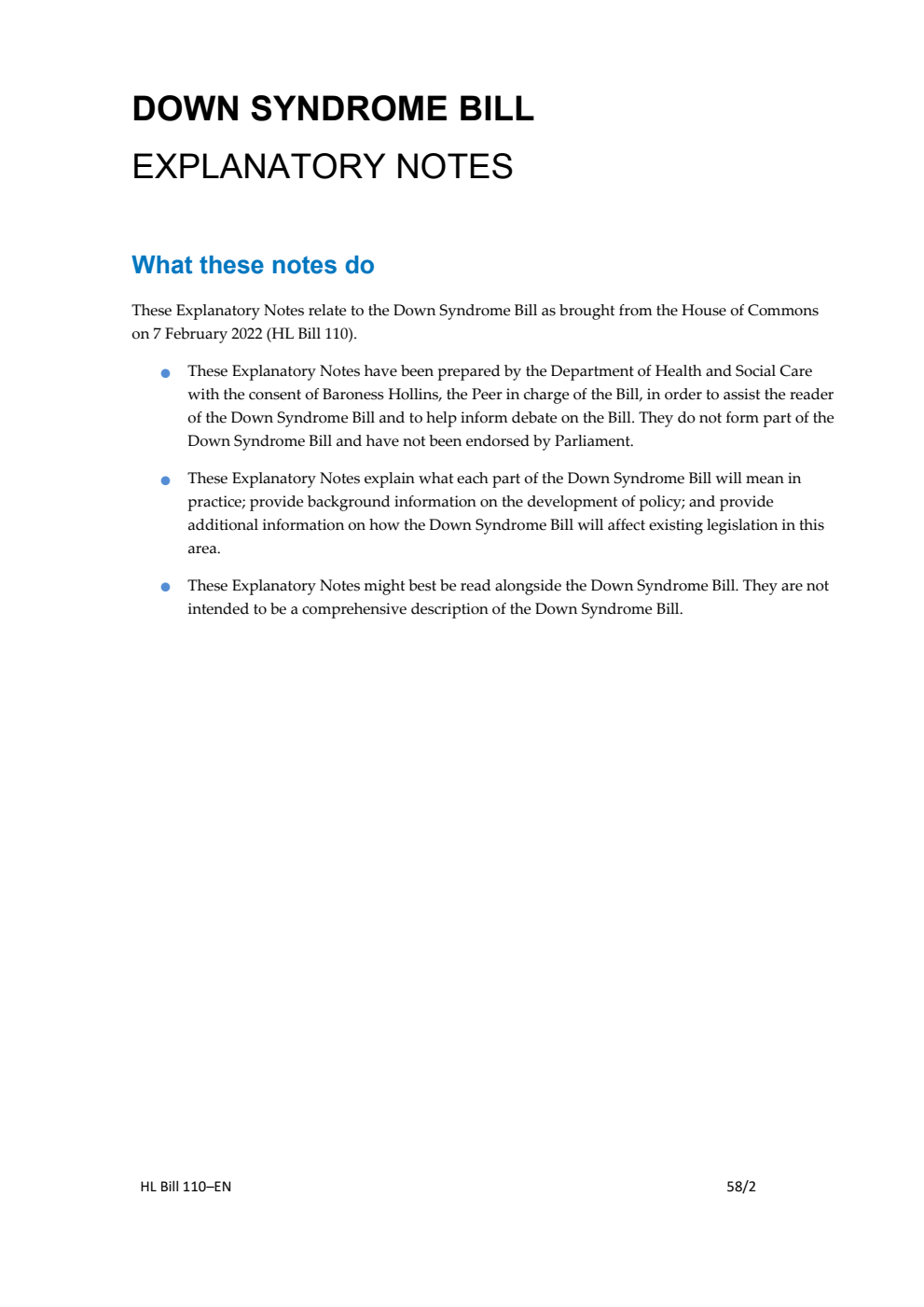Down Syndrome Bill Explanatory Notes