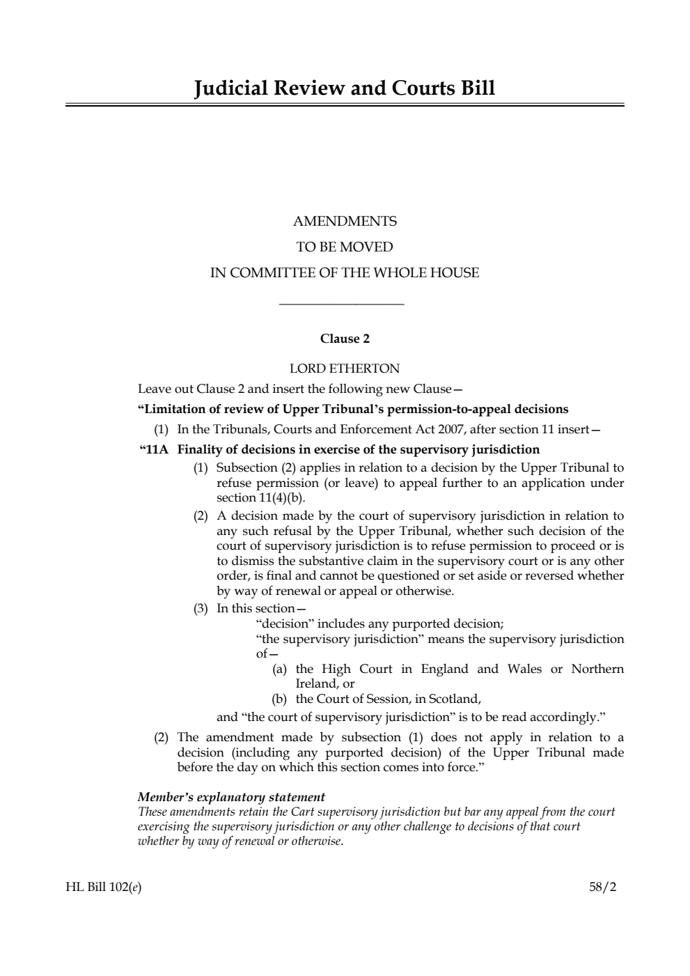 Judicial Review and Courts Bill Amendments to be moved in Committee of the Whole House