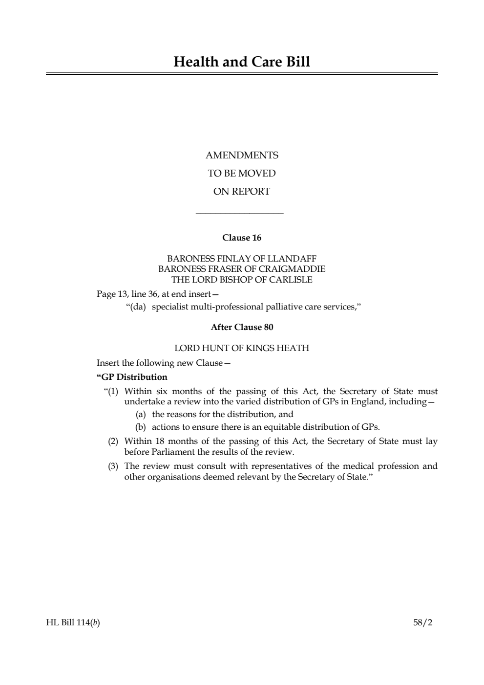 Health and Care Bill Amendments to be moved on Report