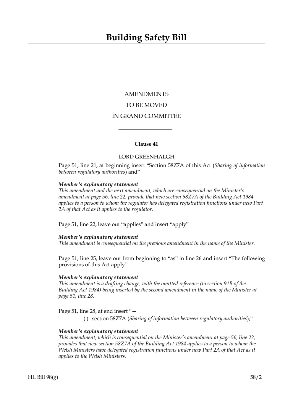 Building Safety Bill Amendments to be moved in Grand Committee