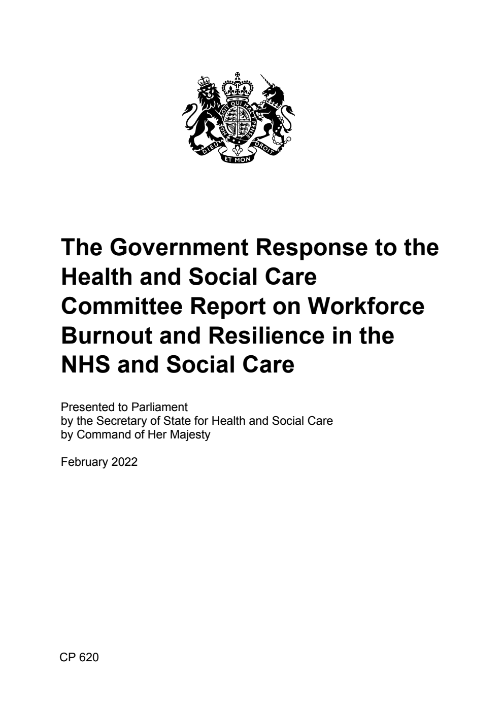 The Government Response to the Health and Social Care Committee Report on Workforce Burnout and Resilience in the NHS and Social Care