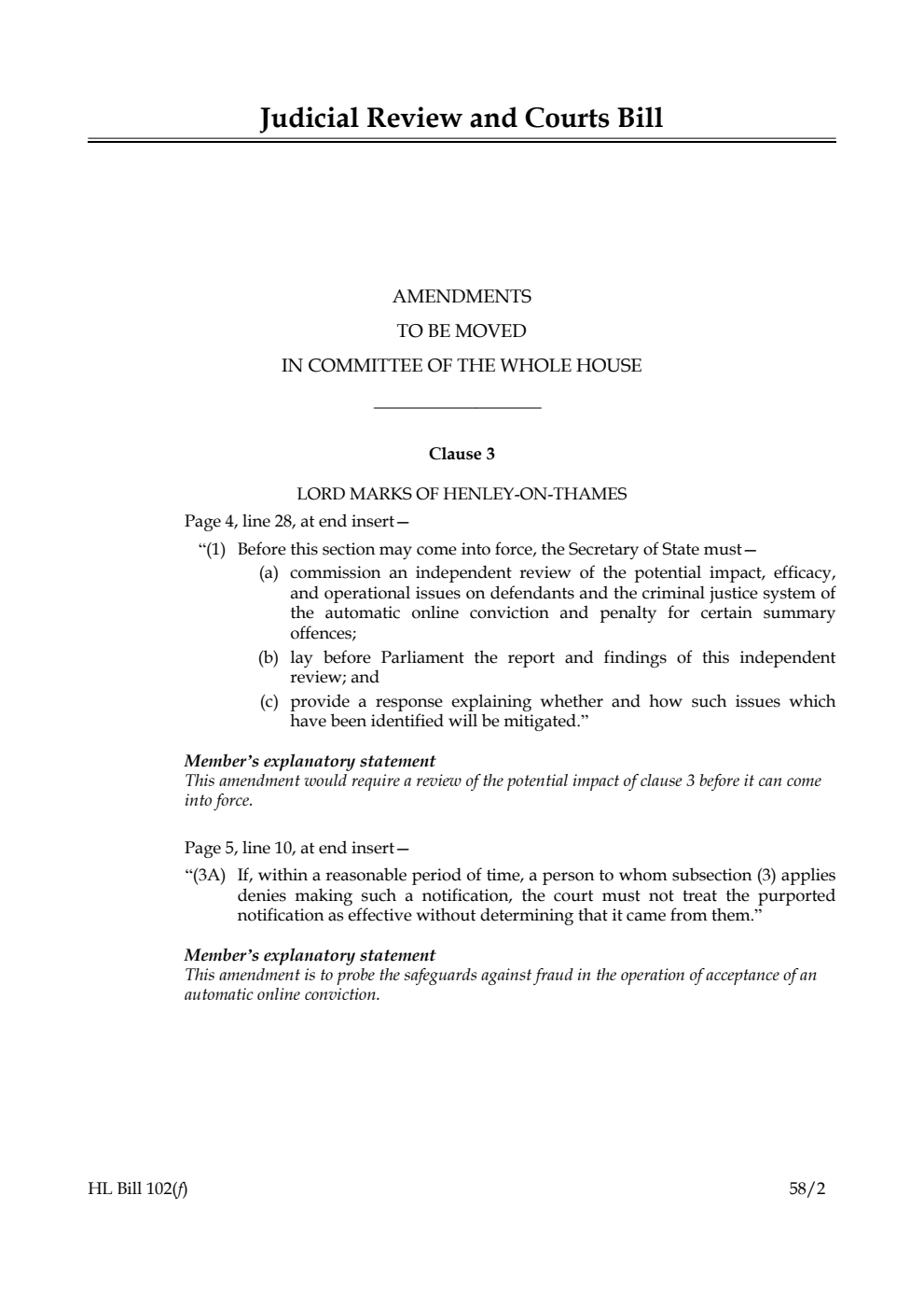 Judicial Review and Courts Bill Amendments to be moved in Committee of the Whole House