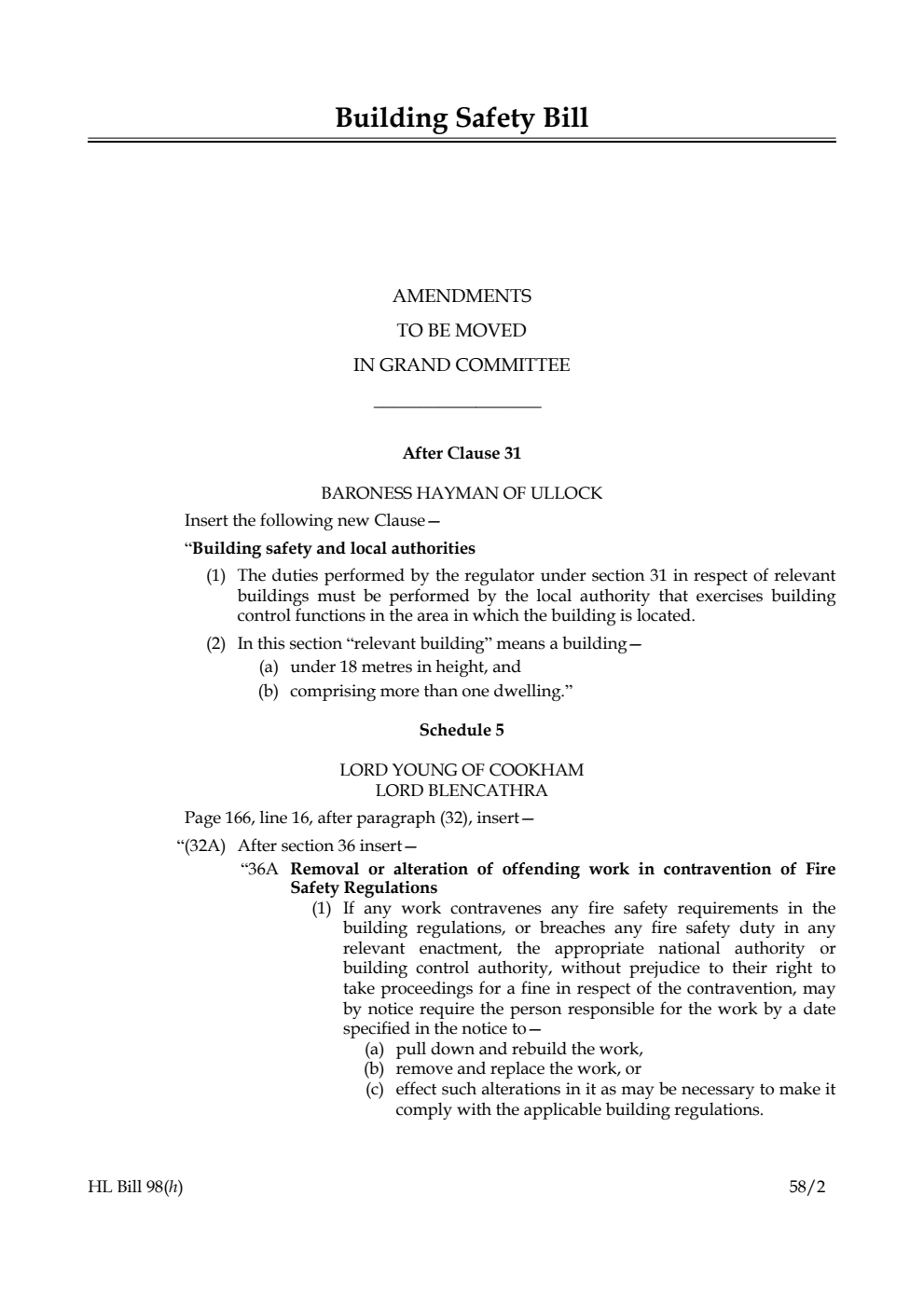 Building Safety Bill Amendments to be moved in Grand Committee