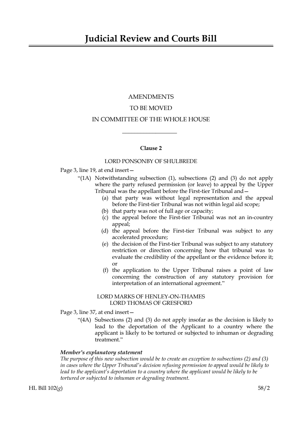 Judicial Review and Courts Bill Amendments to be moved in Committee of the Whole House