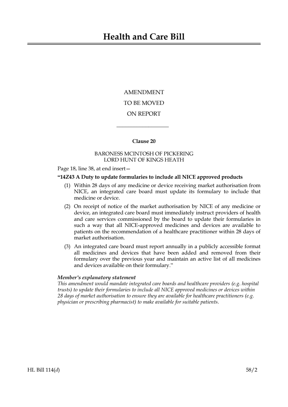 Health and Care Bill Amendment to be moved on Report