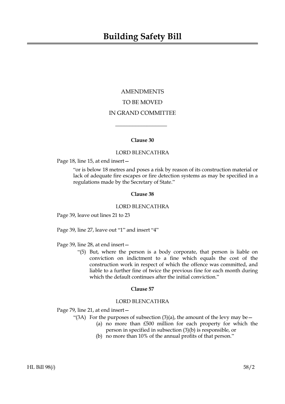 Building Safety Bill Amendments to be moved in Grand Committee