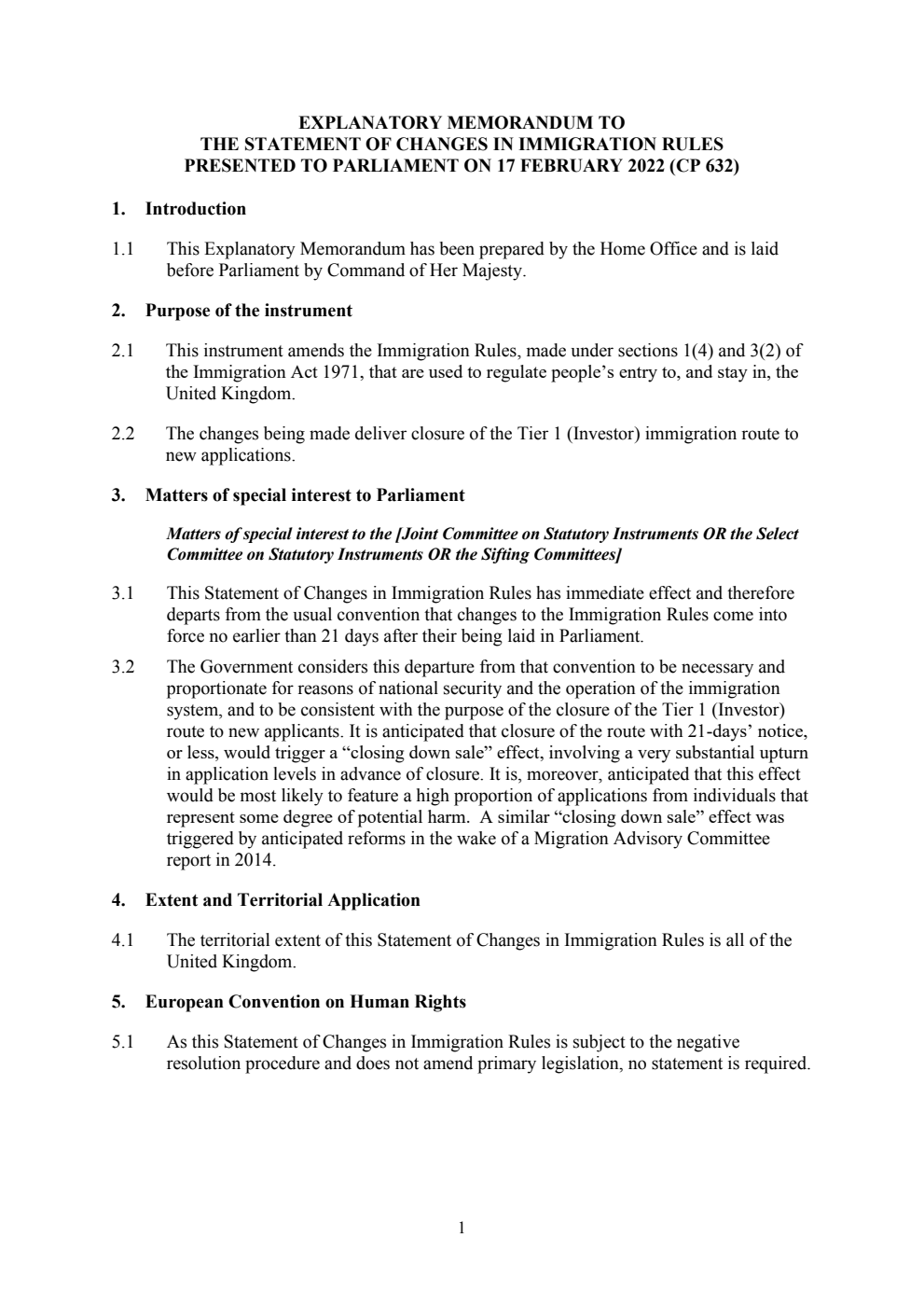 Explanatory Memorandum to the Statement of Changes in Immigration Rules