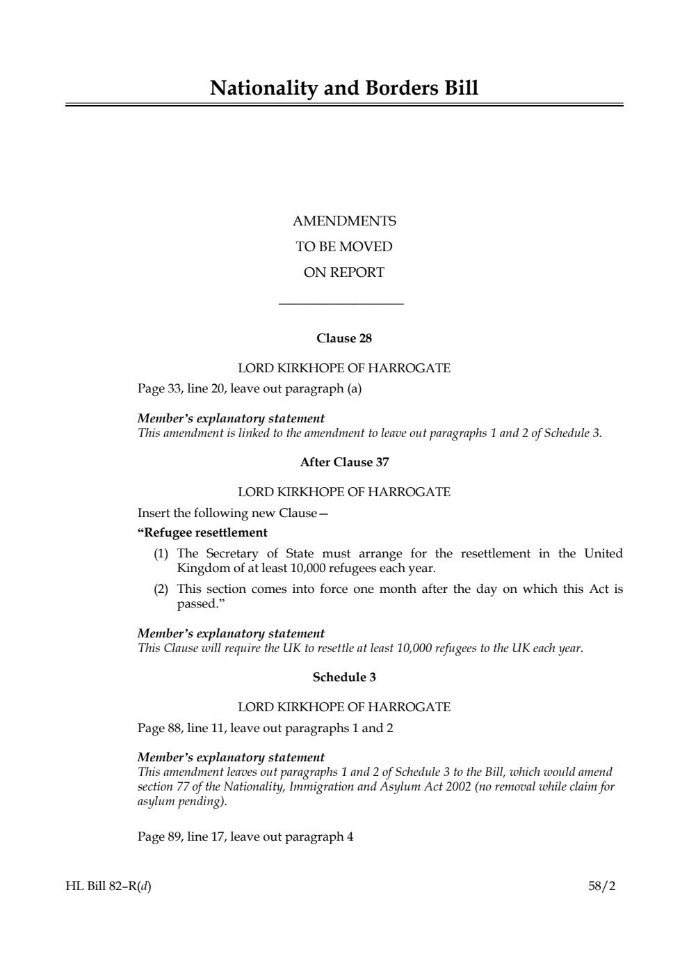 Nationality and Borders Bill Amendments to be moved on Report