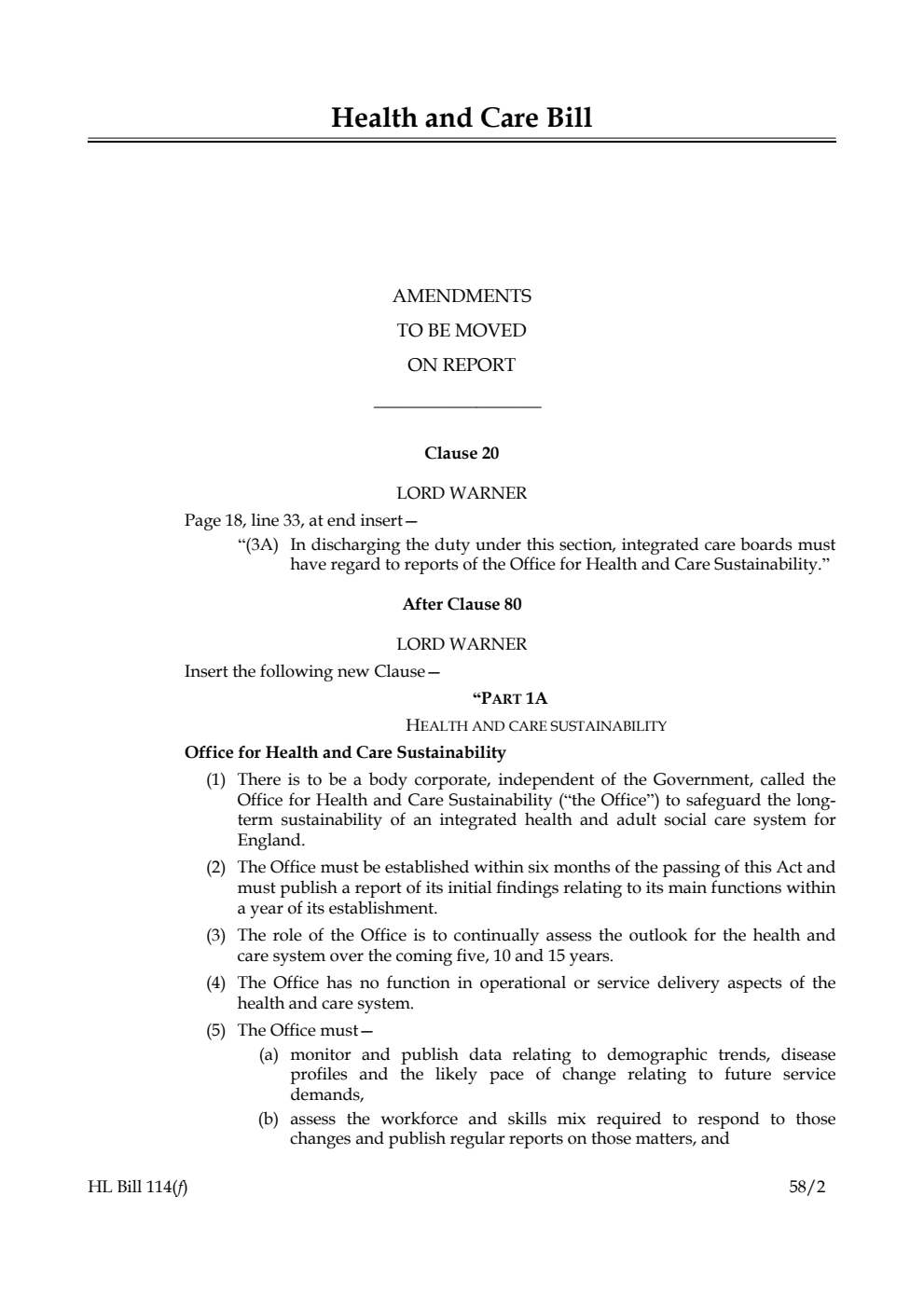 Health and Care Bill Amendments to be moved on Report