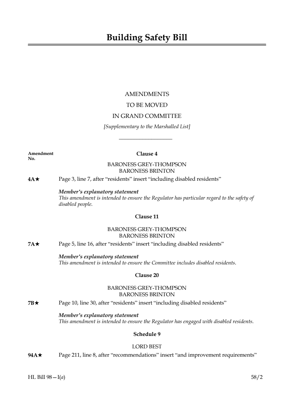 Building Safety Bill Amendments to be moved in Grand Committee [Supplementary to the Marshalled List]