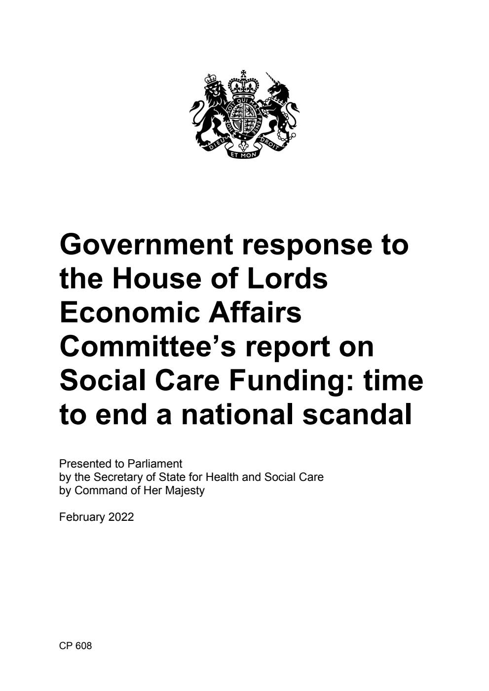 Government response to the House of Lords Economic Affairs Committee’s report on Social Care Funding: time to end a national scandal