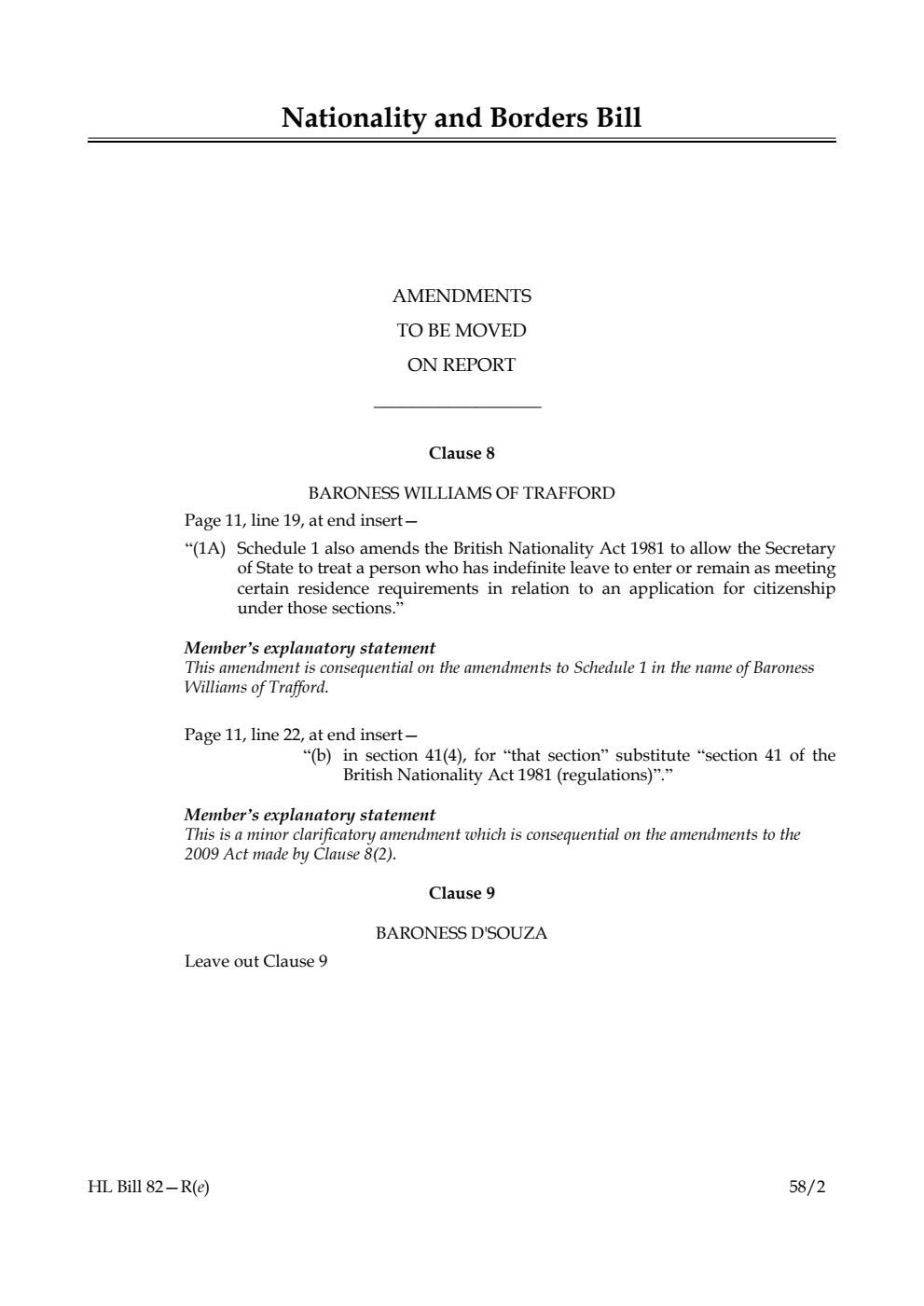 Nationality and Borders Bill Amendments to be moved on Report