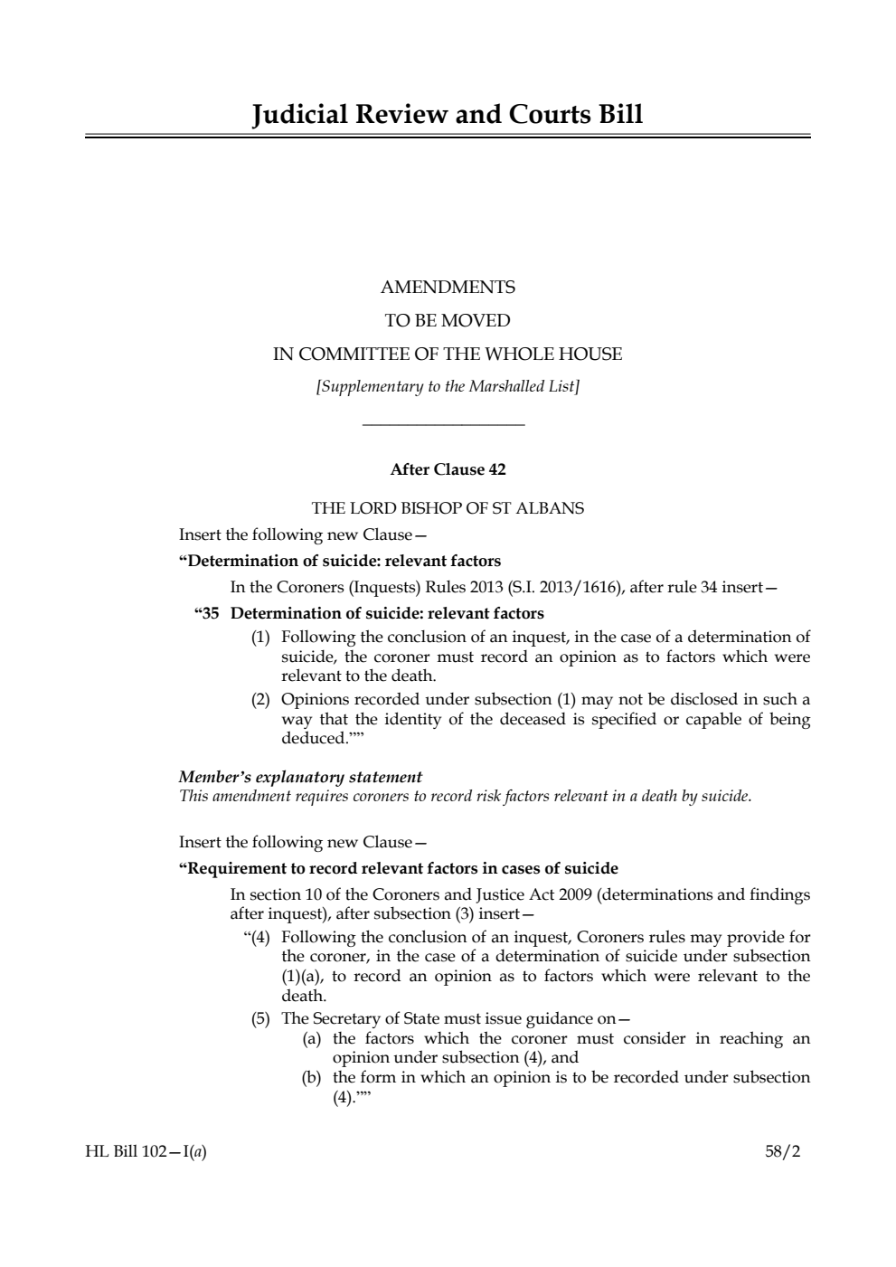 Judicial Review and Courts Bill Amendments to be moved in Committee of the Whole House [Supplementary to the Marshalled List]