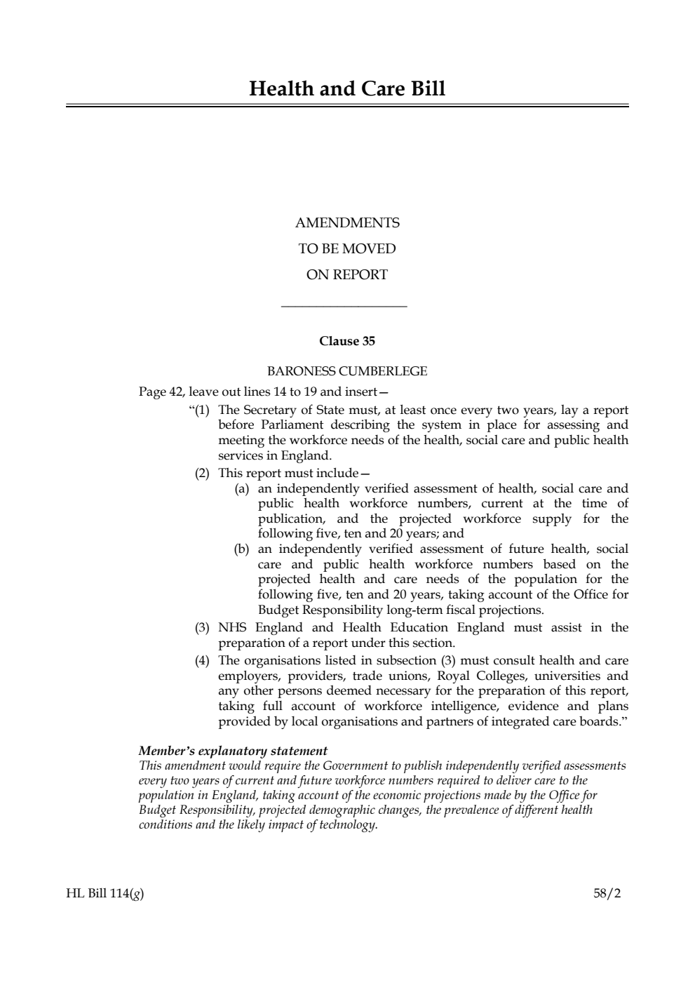 Health and Care Bill Amendments to be moved on Report