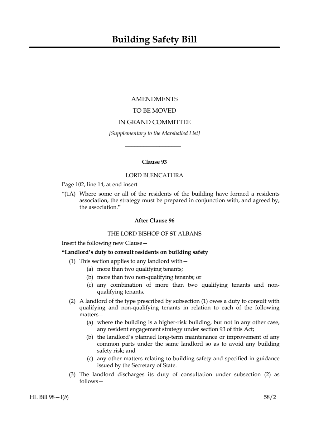 Building Safety Bill Amendments to be moved in Grand Committee [Supplementary to the Marshalled List]