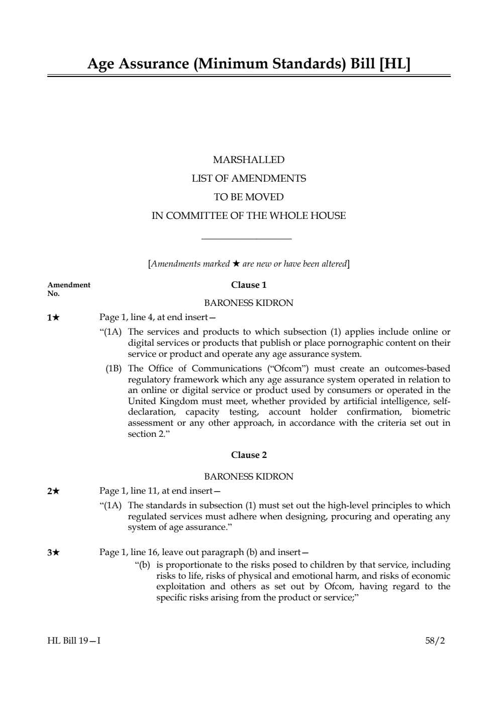 Age Assurance (Minimum Standards) Bill Marshalled List of Amendments to be moved in Committee of the Whole House