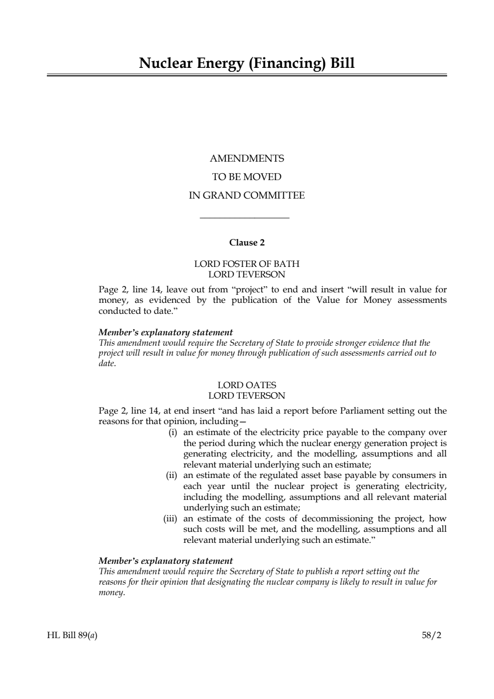 Nuclear Energy (Financing) Bill Amendments to be moved in Grand Committee