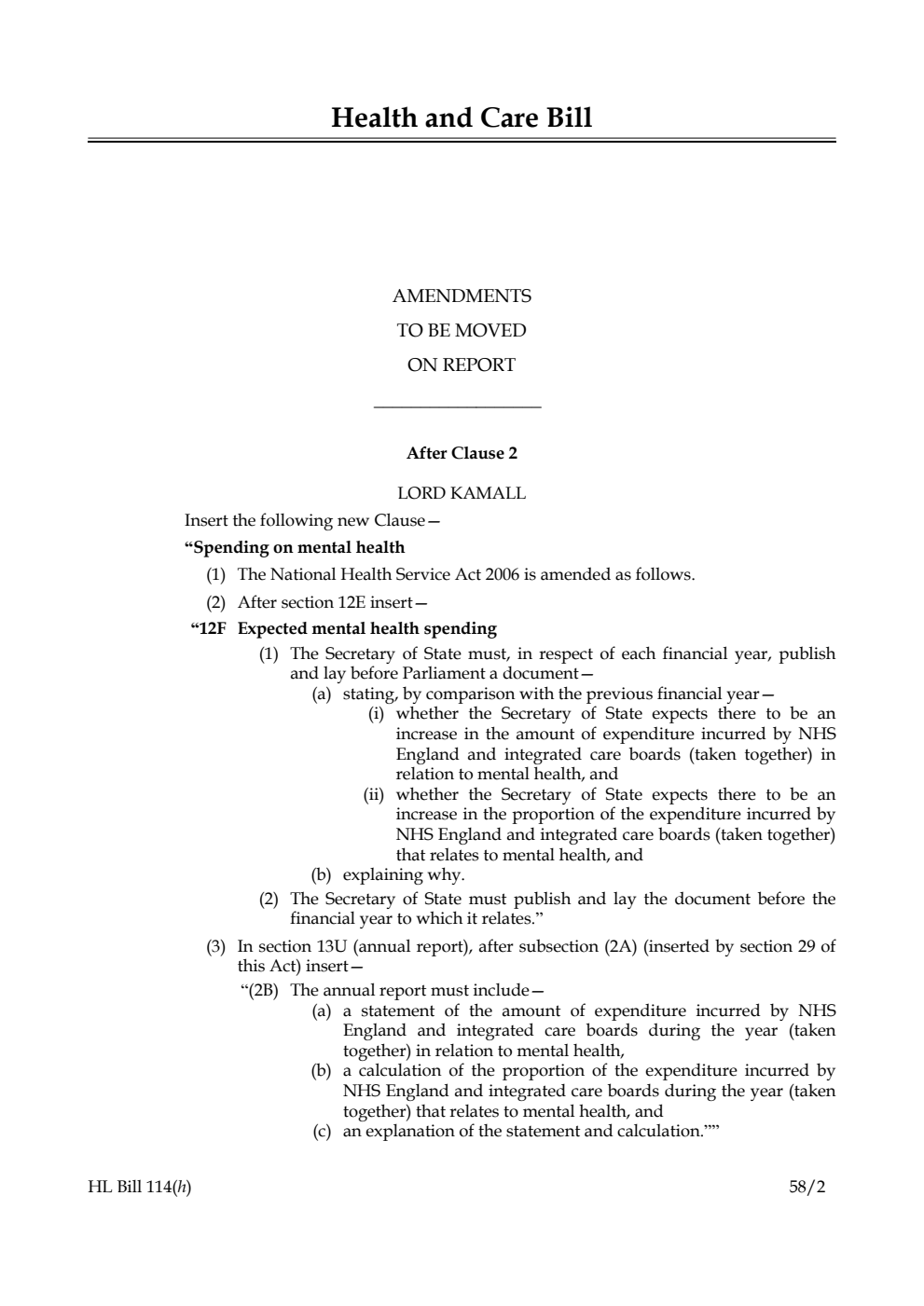 Health and Care Bill Amendments to be moved on Report